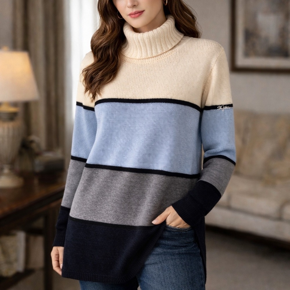 Vtg St John Sport Longline Tunic Sweater L‎ Colorblock Turtleneck USA Old Money